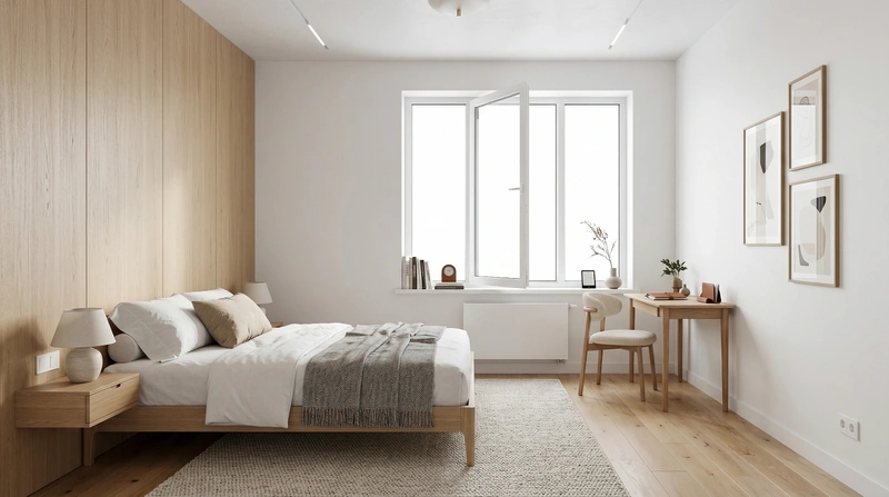 Дизайн спальни в стиле Сканди — фото интерьера от нейросети RoomGPT