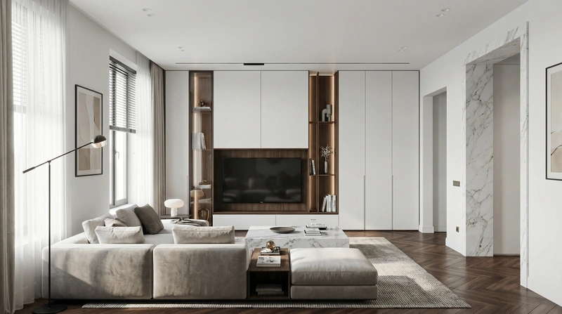 Дизайн интерьера в стиле Контемпорари — Гостиная от нейросети RoomGPT