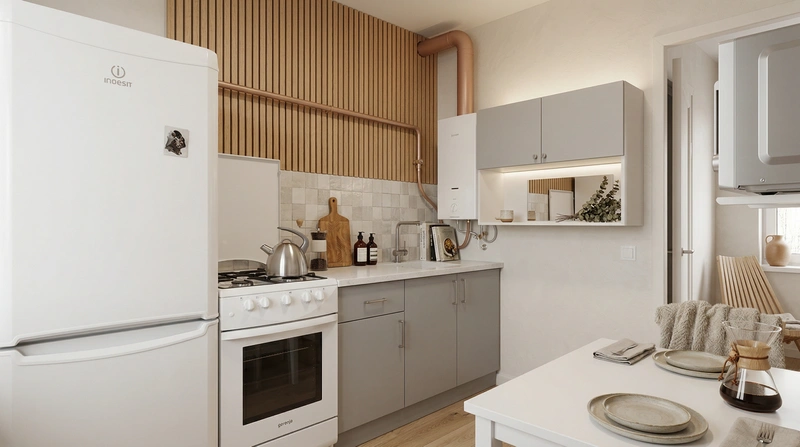 Дизайн кухни в стиле Хюгге — фото интерьера от нейросети RoomGPT