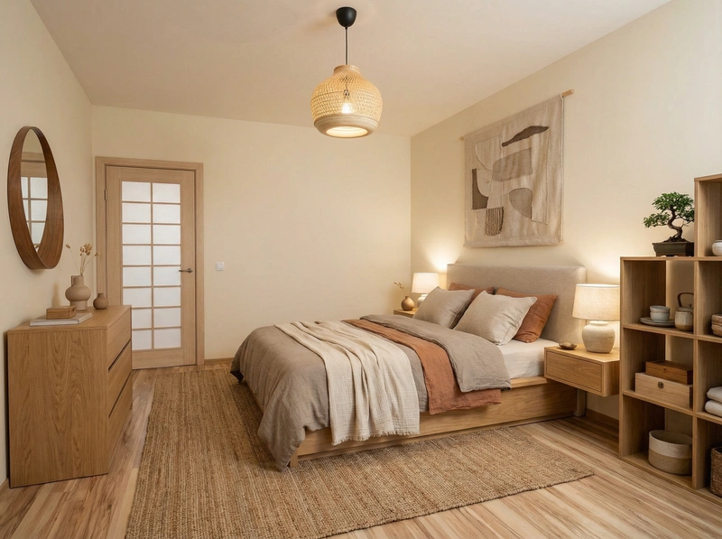 Дизайн спальни в стиле Japandi — фото интерьера от нейросети RoomGPT