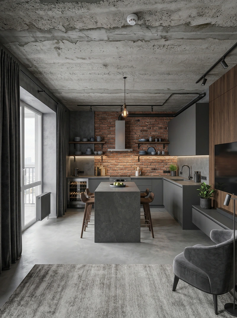 Дизайн кухни в стиле Лофт — фото интерьера от нейросети RoomGPT