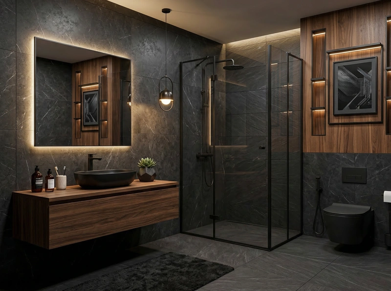 Дизайн ванной в стиле Блэктэк — фото интерьера от нейросети RoomGPT
