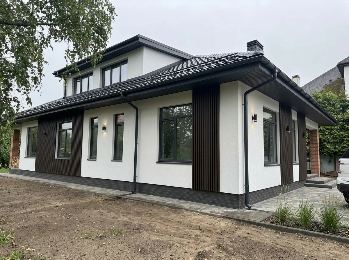 Дизайн фасада в стиле Контемпорари — фото фасада от нейросети RoomGPT