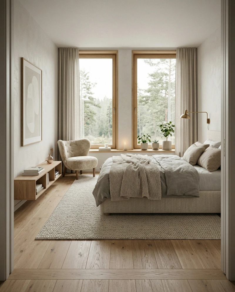 Дизайн спальни в стиле Хюгге — фото интерьера от нейросети RoomGPT