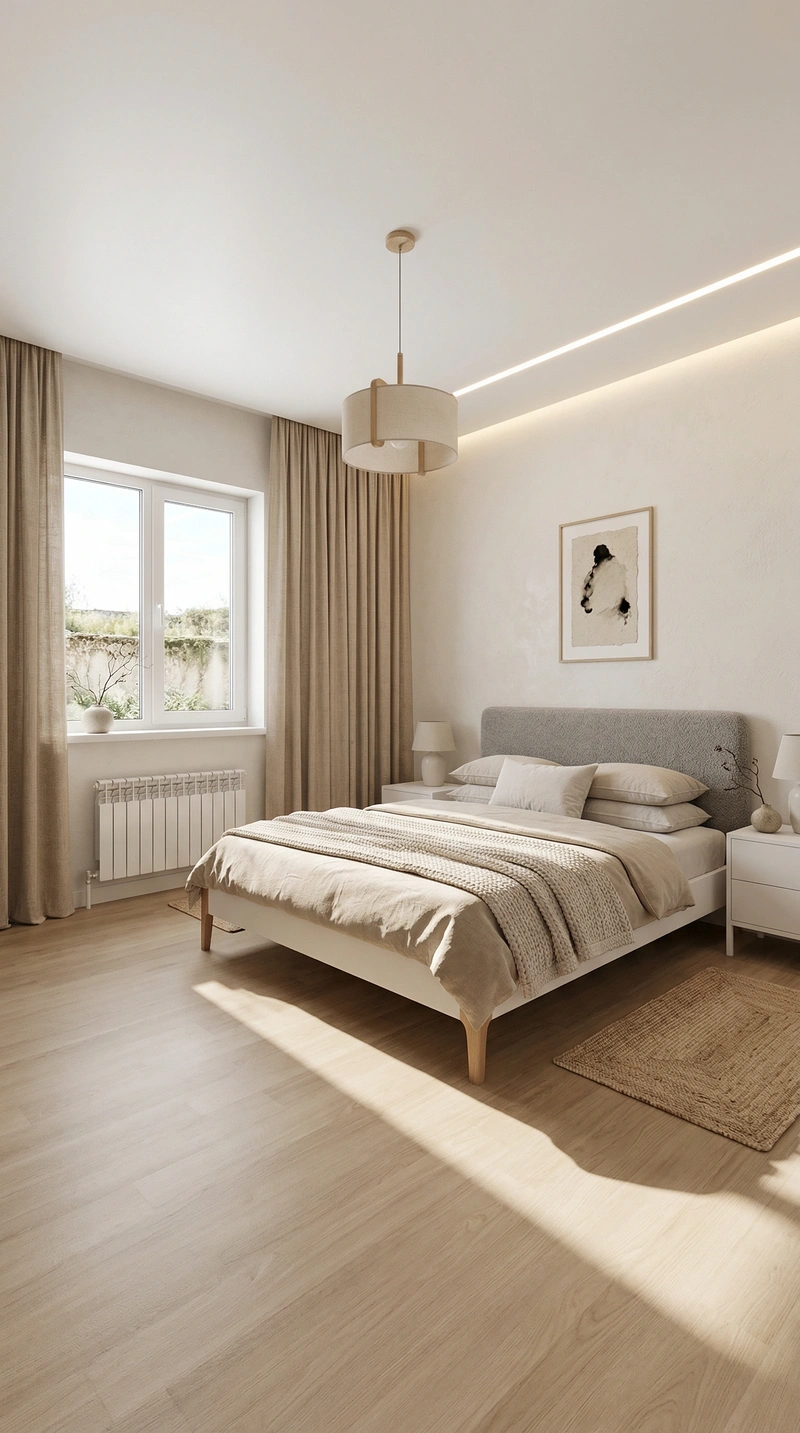 Дизайн спальни в стиле Japandi — фото интерьера от нейросети RoomGPT