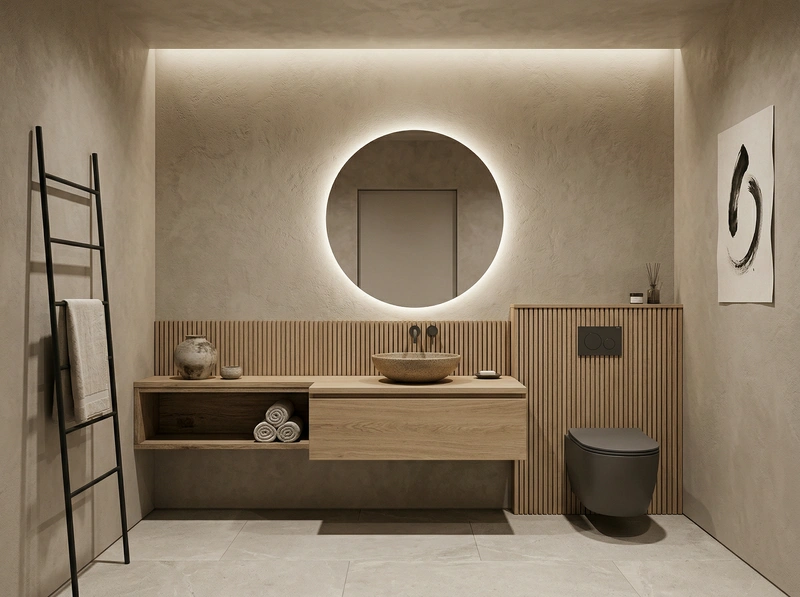 Дизайн ванной в стиле Japandi — фото интерьера от нейросети RoomGPT