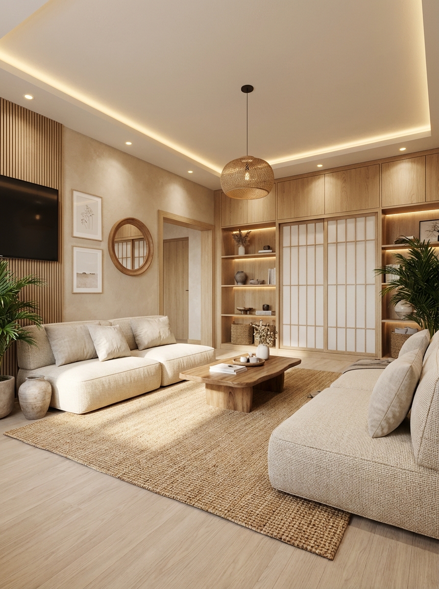 Дизайн гостиной в стиле Japandi — фото интерьера от нейросети RoomGPT