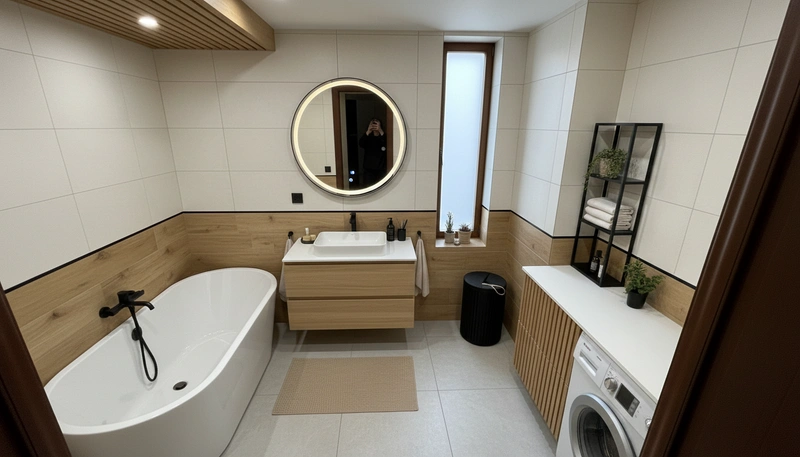 Дизайн ванной в стиле Japandi — фото интерьера от нейросети RoomGPT