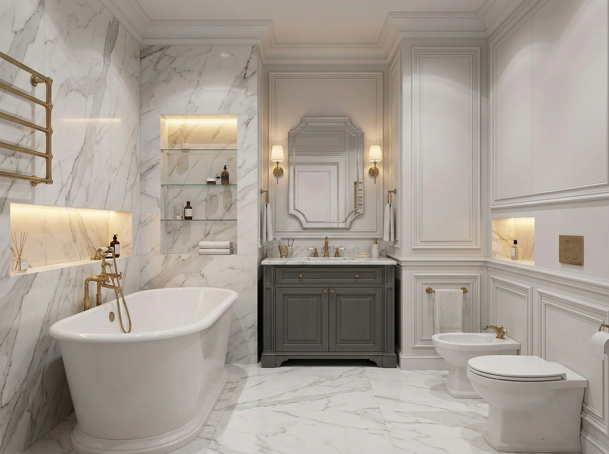 Дизайн ванной в стиле Классика — фото интерьера от нейросети RoomGPT