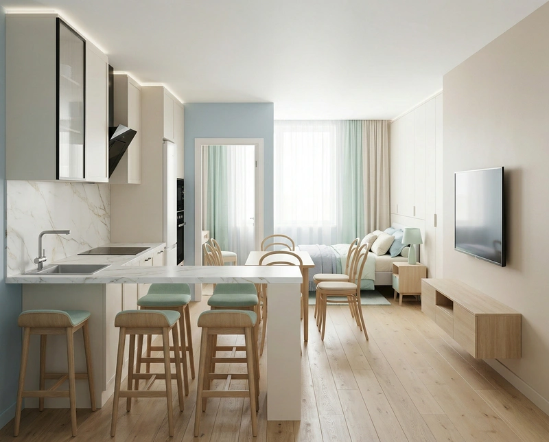 Дизайн кухни в стиле Сканди — фото интерьера от нейросети RoomGPT