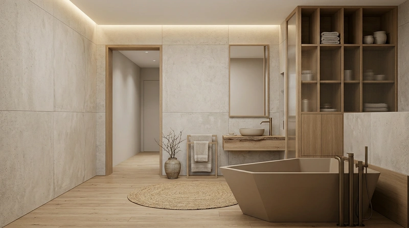 Дизайн ванной в стиле Japandi — фото интерьера от нейросети RoomGPT