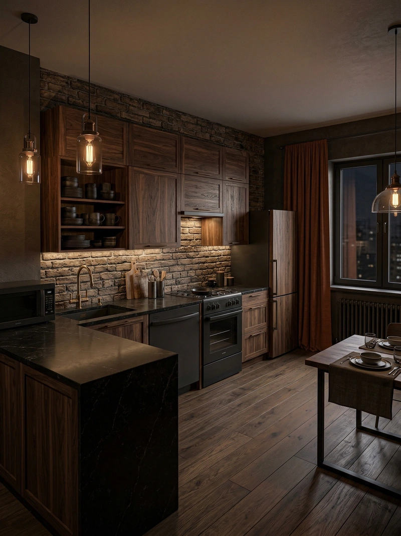 Дизайн интерьера в стиле Лофт — Кухня от нейросети RoomGPT