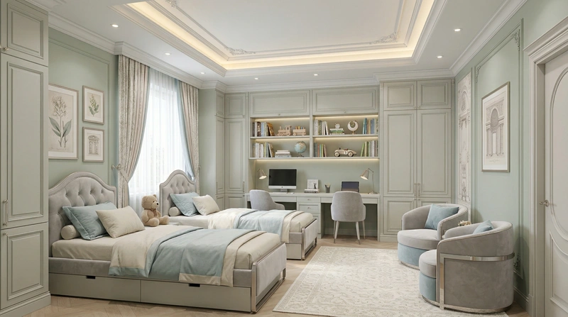 Дизайн детской в стиле Неоклассика — фото интерьера от нейросети RoomGPT