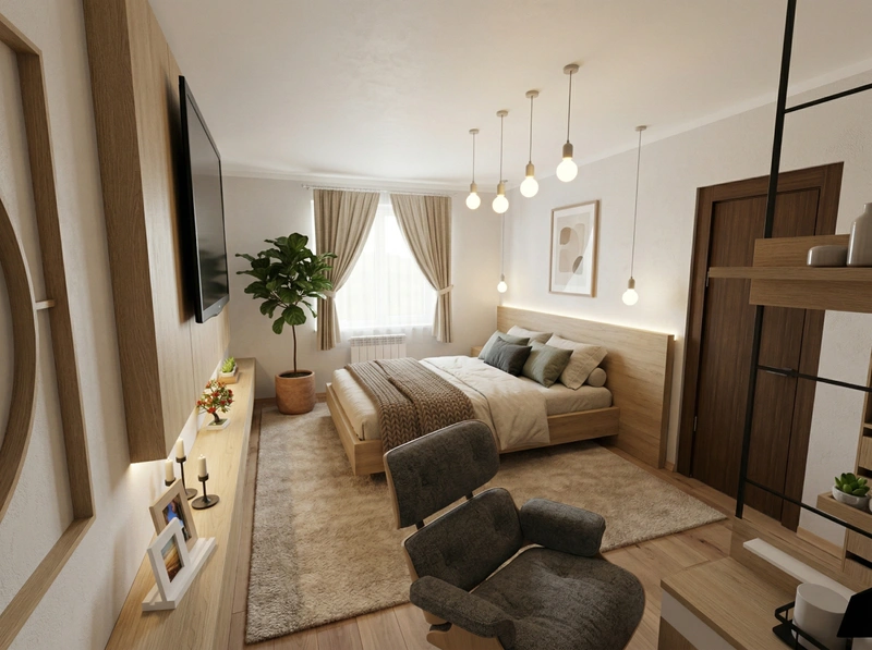 Дизайн спальни в стиле Хюгге — фото интерьера от нейросети RoomGPT