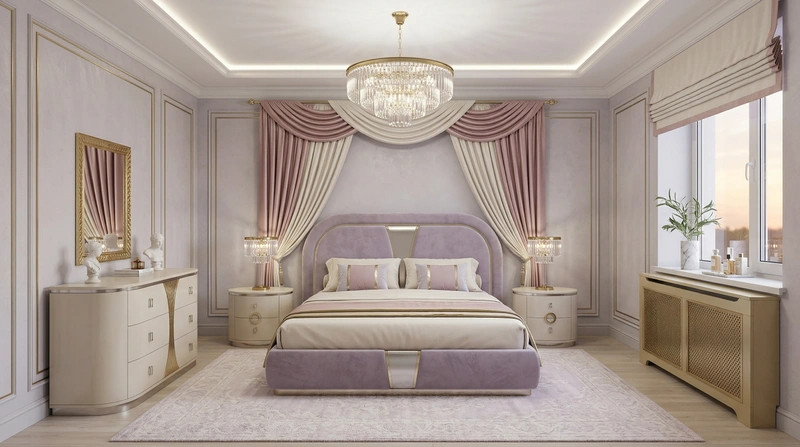 Дизайн спальни в стиле Неоклассика — фото интерьера от нейросети RoomGPT
