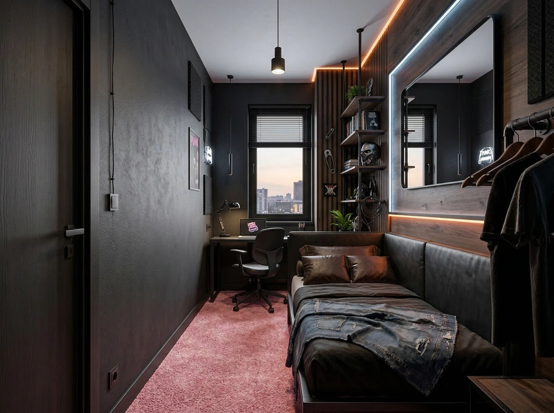 Дизайн спальни в стиле Блэктэк — фото интерьера от нейросети RoomGPT
