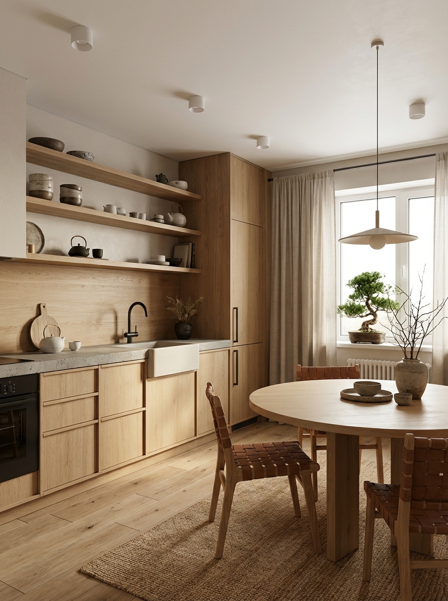 Дизайн гостиной в стиле Japandi — фото интерьера от нейросети RoomGPT