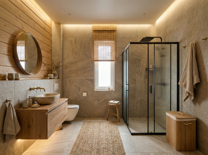 Дизайн ванной в стиле Japandi — фото интерьера от нейросети RoomGPT