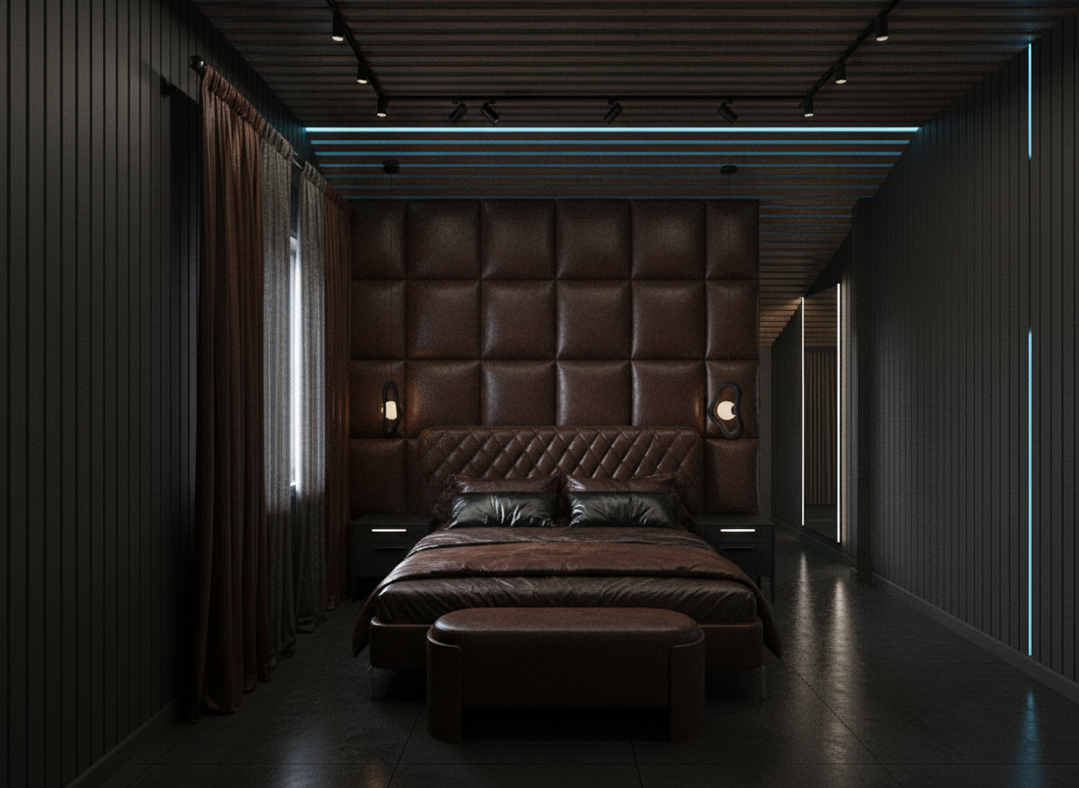Дизайн спальни в стиле Блэктэк — фото интерьера от нейросети RoomGPT