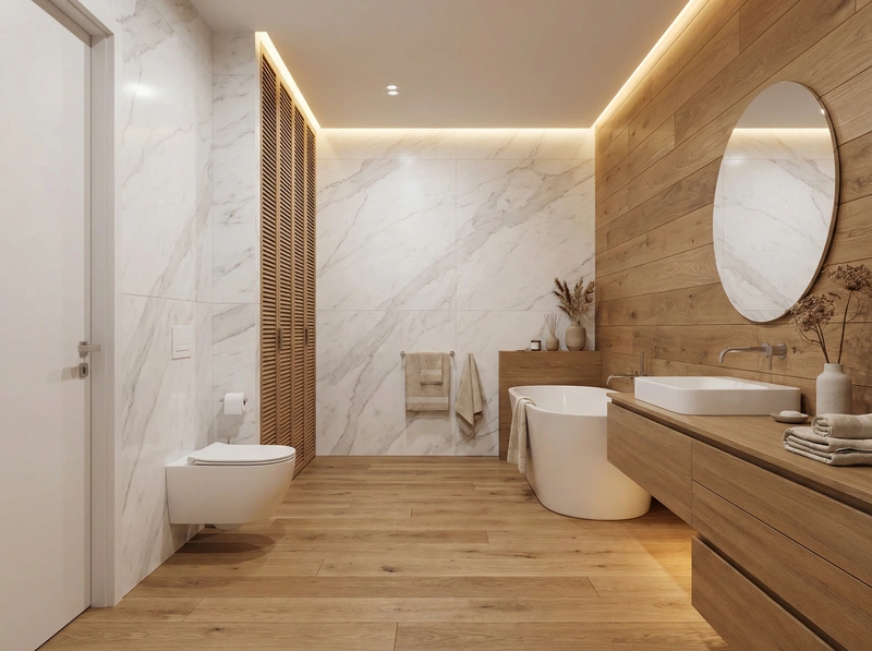 Дизайн ванной в стиле Japandi — фото интерьера от нейросети RoomGPT