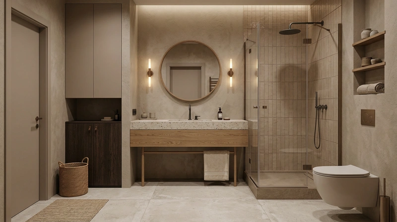 Дизайн ванной в стиле Japandi — фото интерьера от нейросети RoomGPT