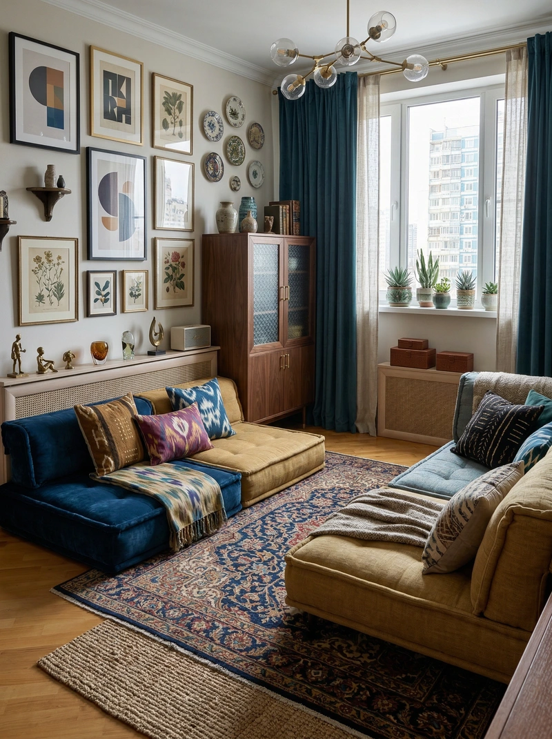 Дизайн интерьера в стиле Эклектика — Гостиная от нейросети RoomGPT