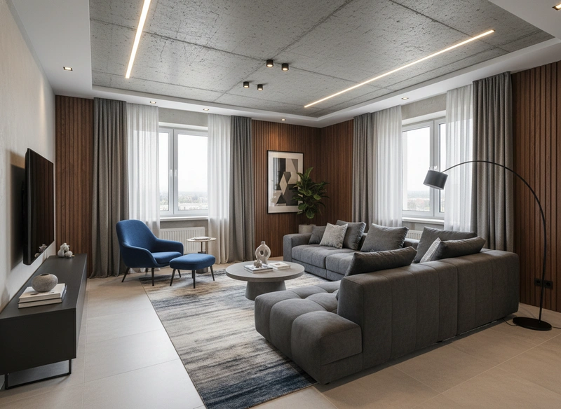 Дизайн интерьера в стиле Контемпорари — Гостиная от нейросети RoomGPT