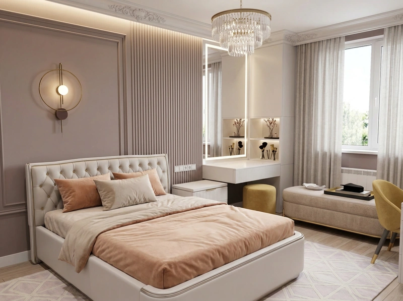 Дизайн спальни в стиле Неоклассика — фото интерьера от нейросети RoomGPT