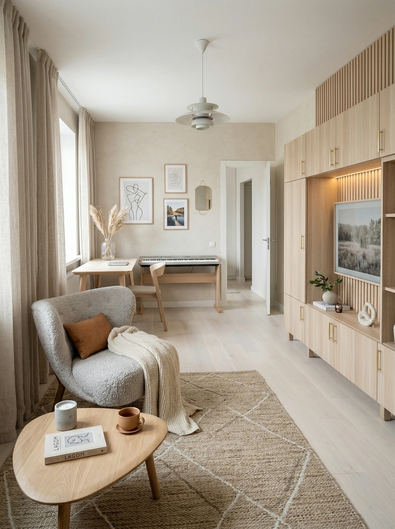 Дизайн гостиной в стиле Хюгге — фото интерьера от нейросети RoomGPT