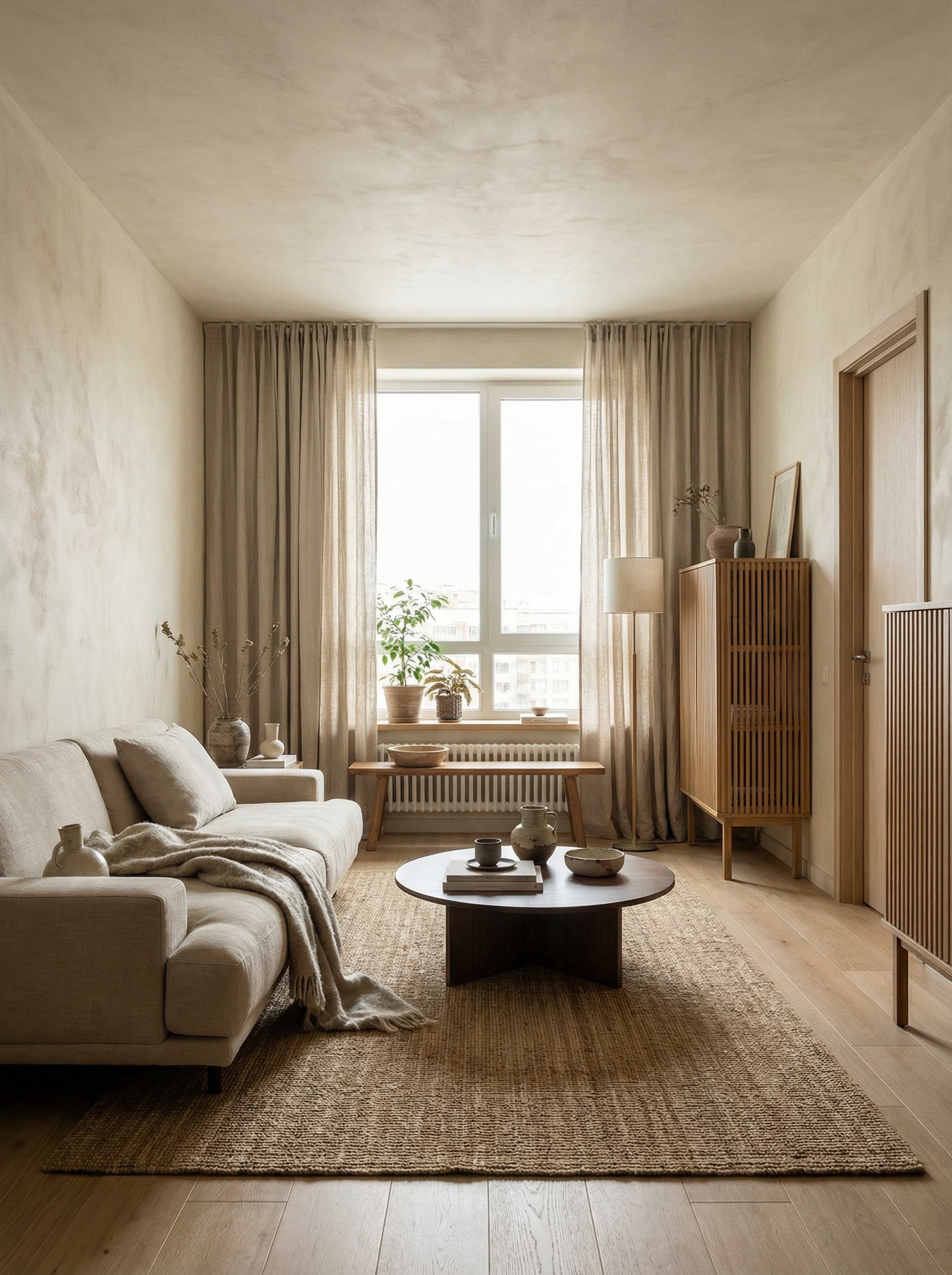 Дизайн гостиной в стиле Japandi — фото интерьера от нейросети RoomGPT