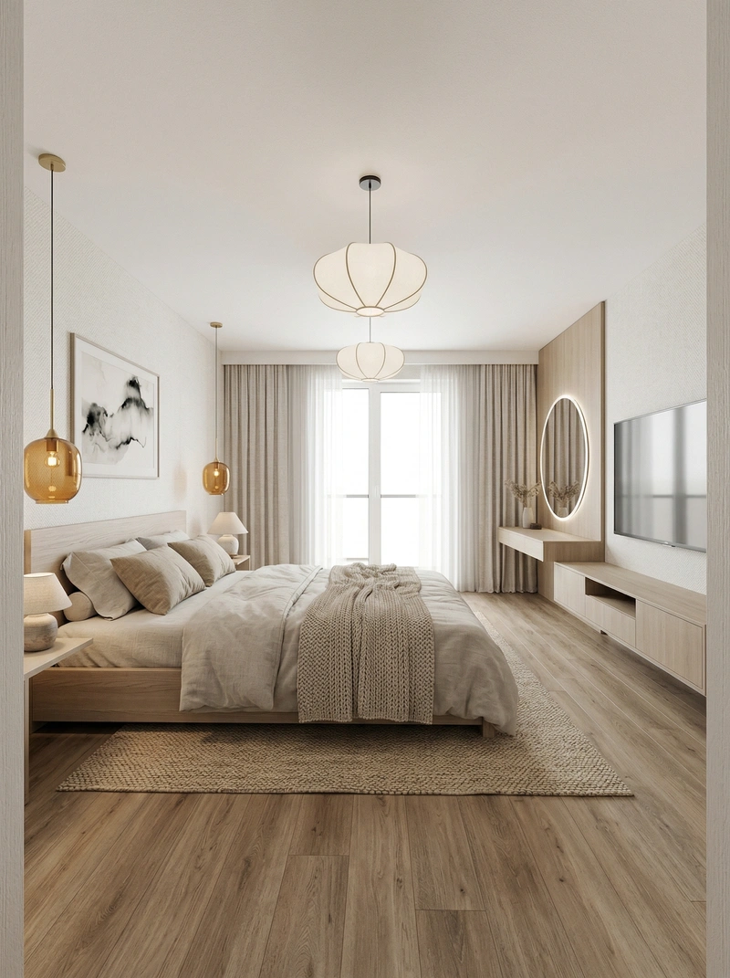 Дизайн спальни в стиле Сканди — фото интерьера от нейросети RoomGPT