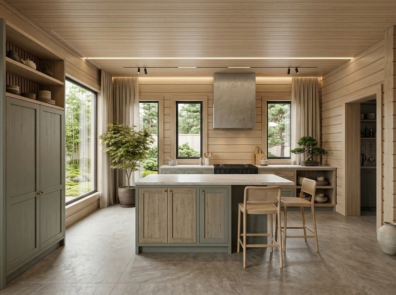 Дизайн кухни в стиле Japandi — фото интерьера от нейросети RoomGPT