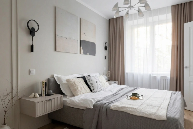 Дизайн спальни в стиле Сканди — фото интерьера от нейросети RoomGPT