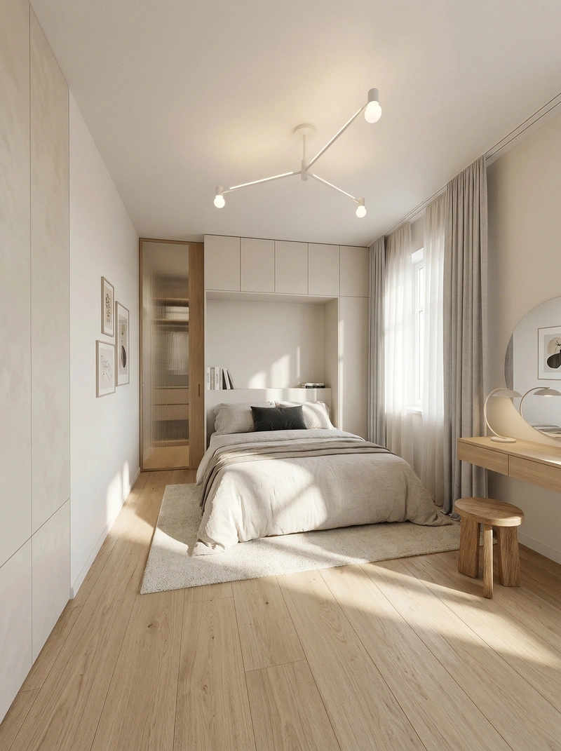 Дизайн спальни в стиле Сканди — фото интерьера от нейросети RoomGPT