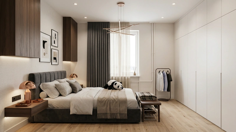 Дизайн спальни в стиле Контемпорари — фото интерьера от нейросети RoomGPT