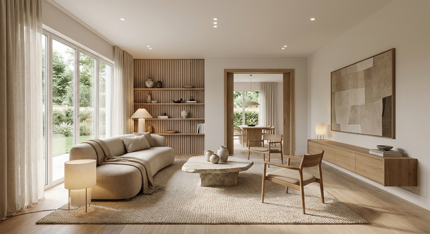 Дизайн гостиной в стиле Japandi — фото интерьера от нейросети RoomGPT