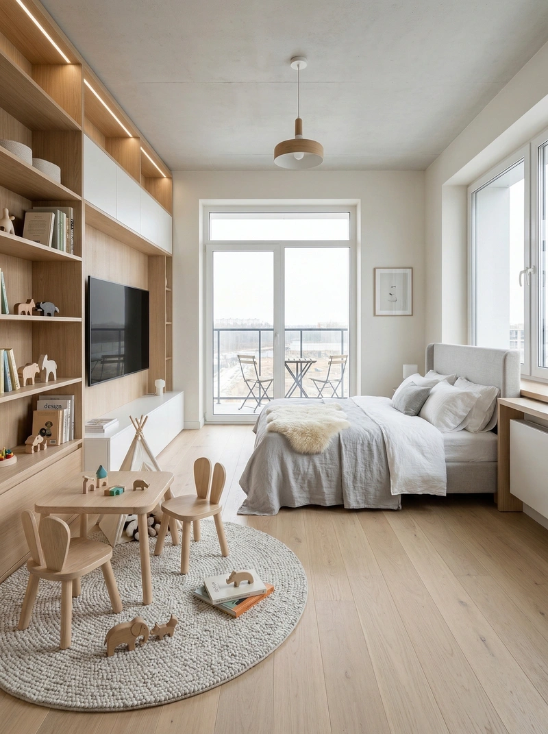 Дизайн спальни в стиле Сканди — фото интерьера от нейросети RoomGPT