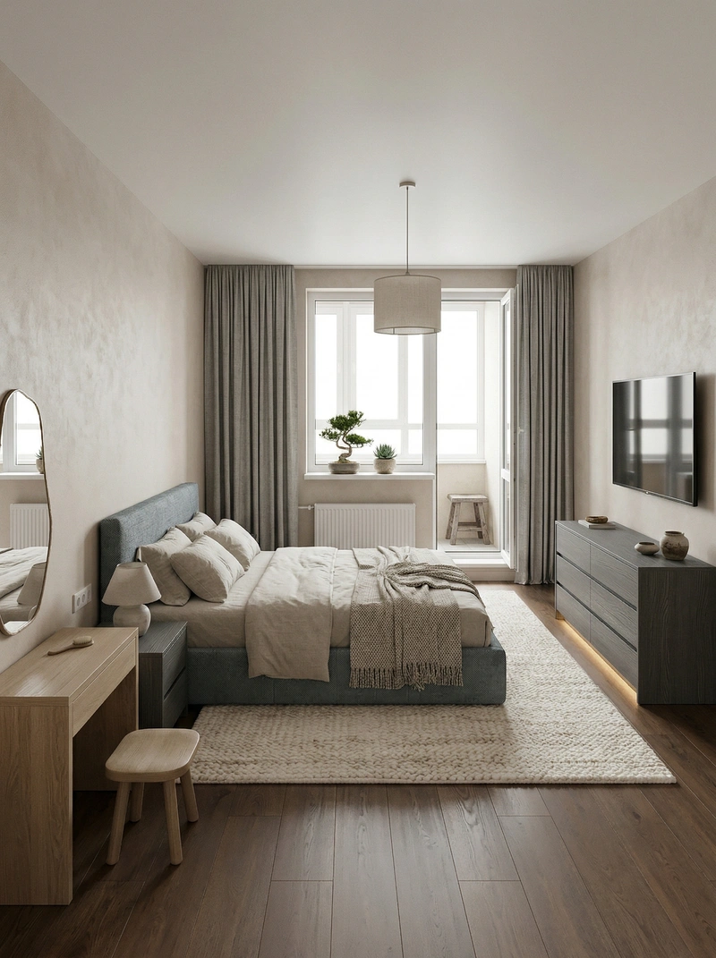 Дизайн спальни в стиле Japandi — фото интерьера от нейросети RoomGPT