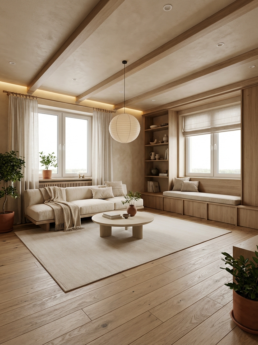 Дизайн гостиной в стиле Japandi — фото интерьера от нейросети RoomGPT