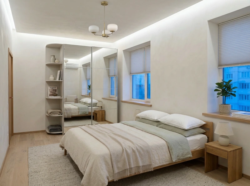 Дизайн спальни в стиле Сканди — фото интерьера от нейросети RoomGPT