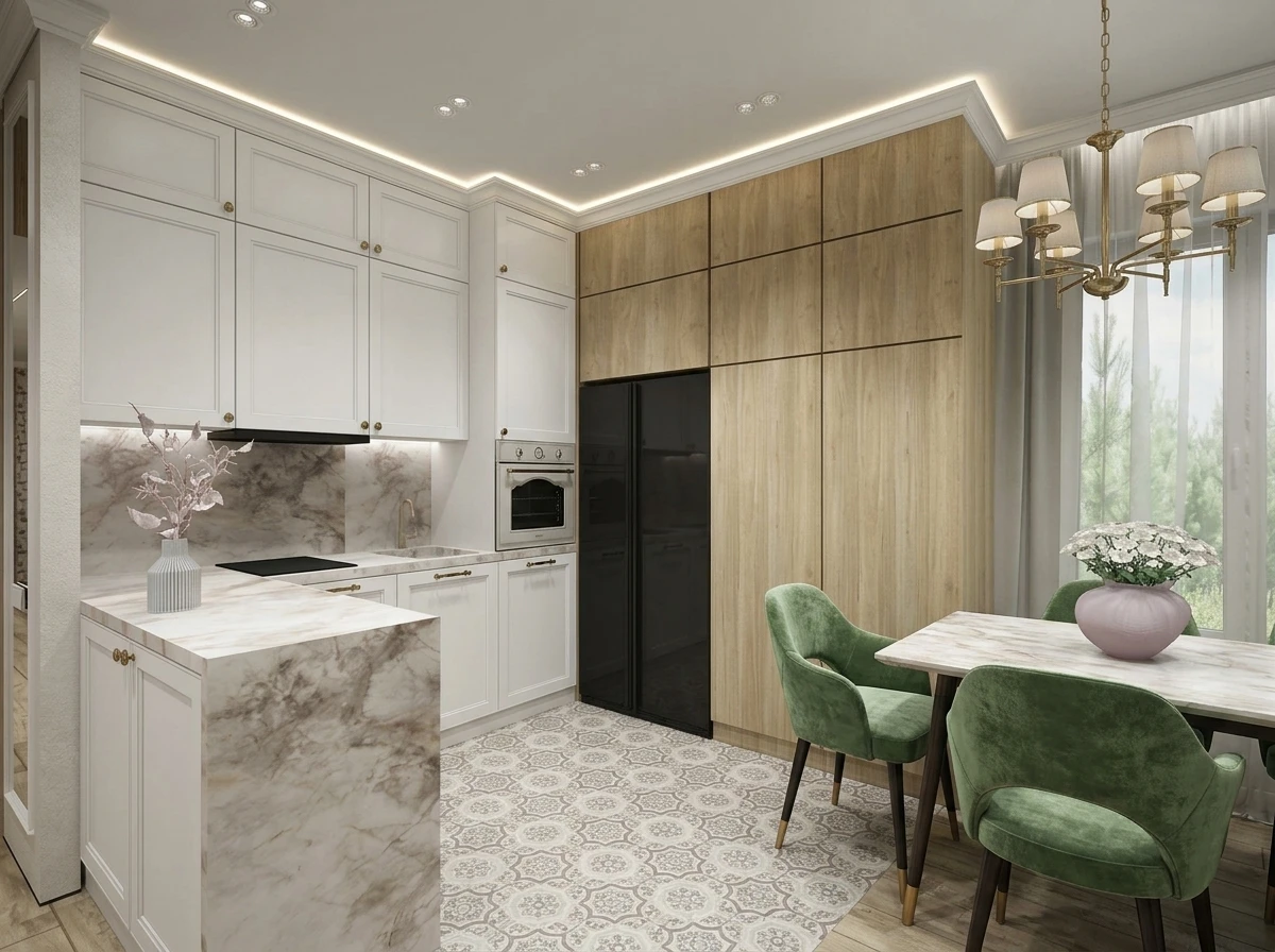 Дизайн кухни в стиле Классика — фото интерьера от нейросети RoomGPT