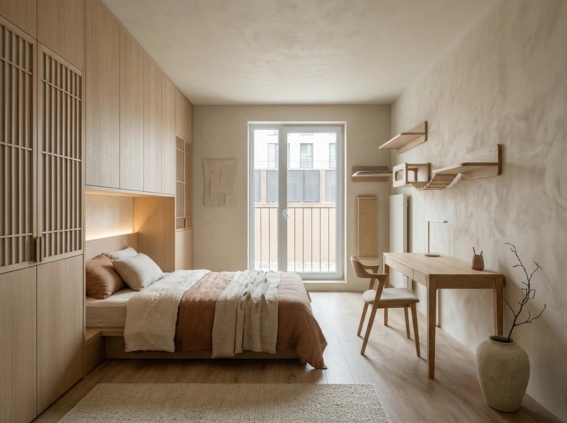 Дизайн спальни в стиле Japandi — фото интерьера от нейросети RoomGPT