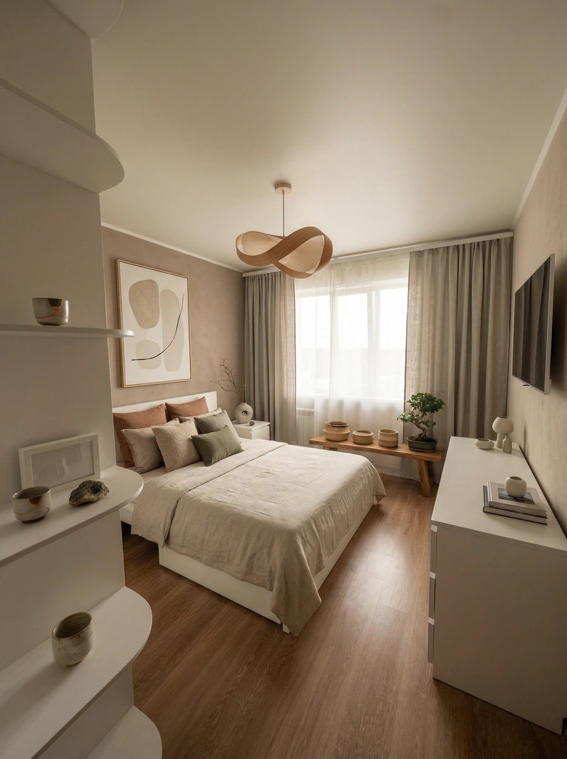 Дизайн спальни в стиле Japandi — фото интерьера от нейросети RoomGPT