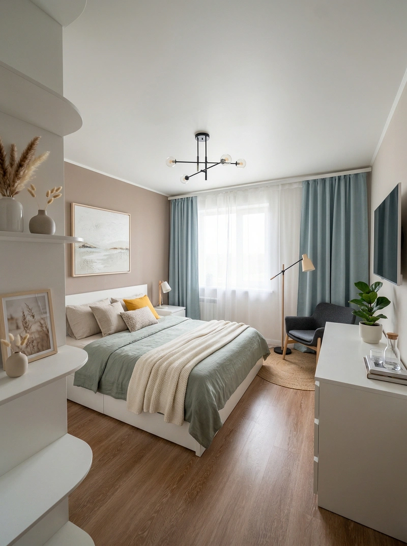Дизайн спальни в стиле Сканди — фото интерьера от нейросети RoomGPT