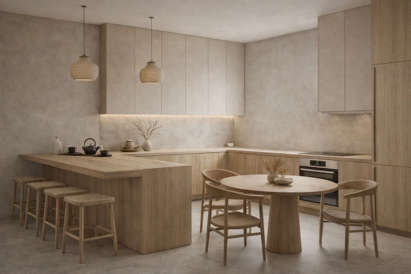 Дизайн кухни в стиле Japandi — фото интерьера от нейросети RoomGPT