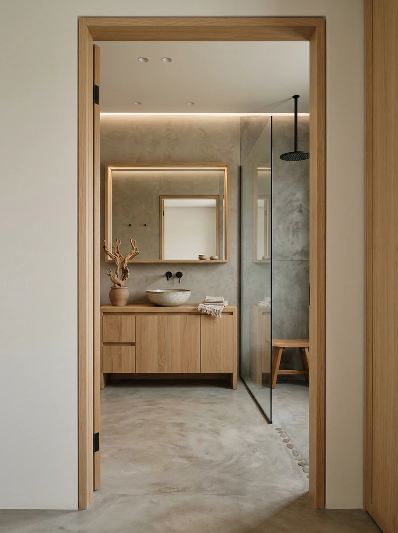 Дизайн ванной в стиле Japandi — фото интерьера от нейросети RoomGPT