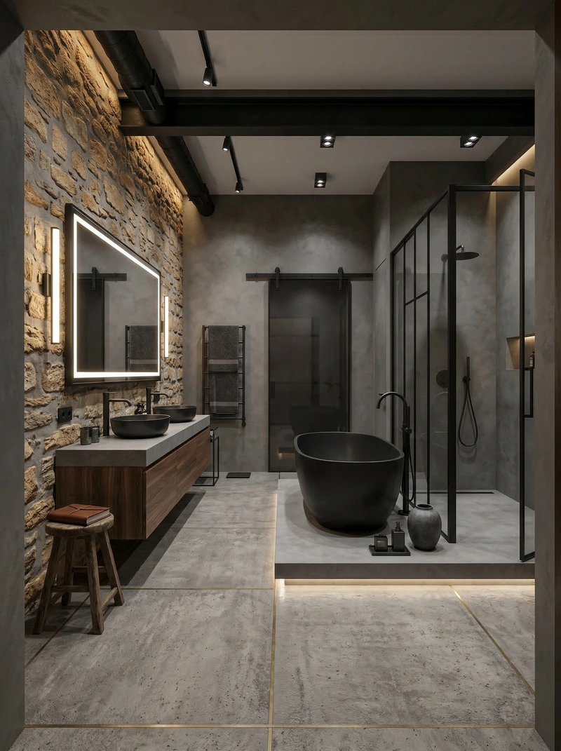 Дизайн ванной в стиле Лофт — фото интерьера от нейросети RoomGPT