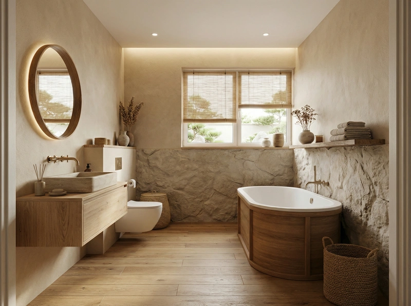 Дизайн ванной в стиле Japandi — фото интерьера от нейросети RoomGPT