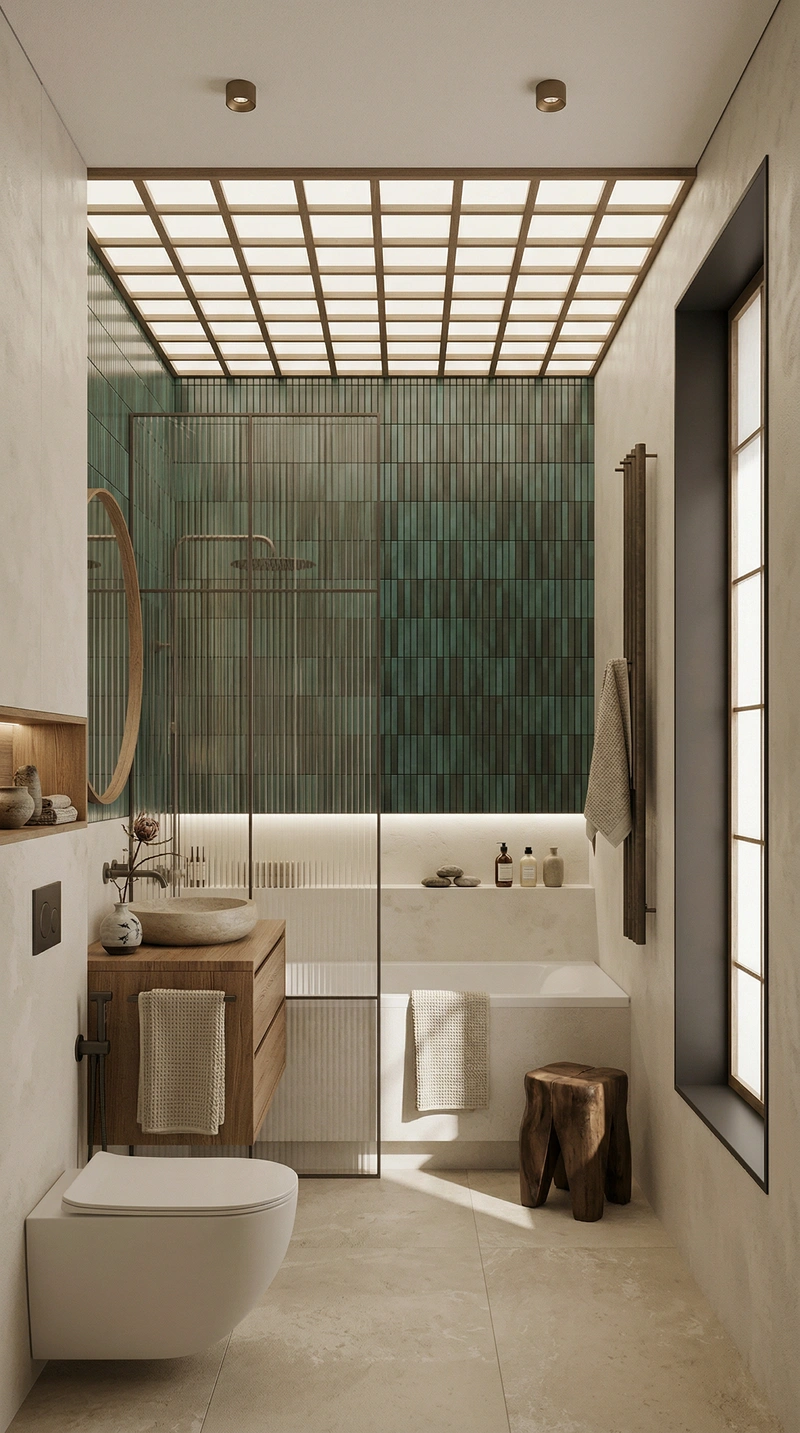 Дизайн ванной в стиле Japandi — фото интерьера от нейросети RoomGPT