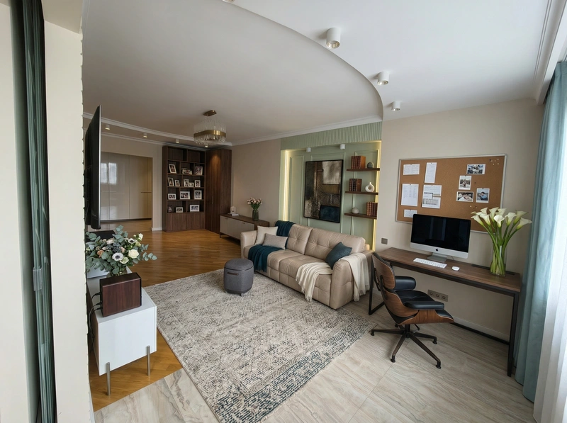 Дизайн интерьера в стиле Контемпорари — Гостиная от нейросети RoomGPT